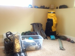 rob's pile of stuff to put in his travel backpack - on the horizon line