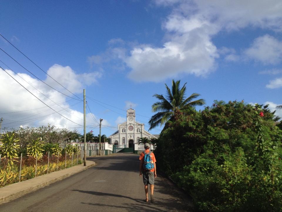 rob in front of tongan church in neiafu rob and bri sail travel pacific polynesia adventure