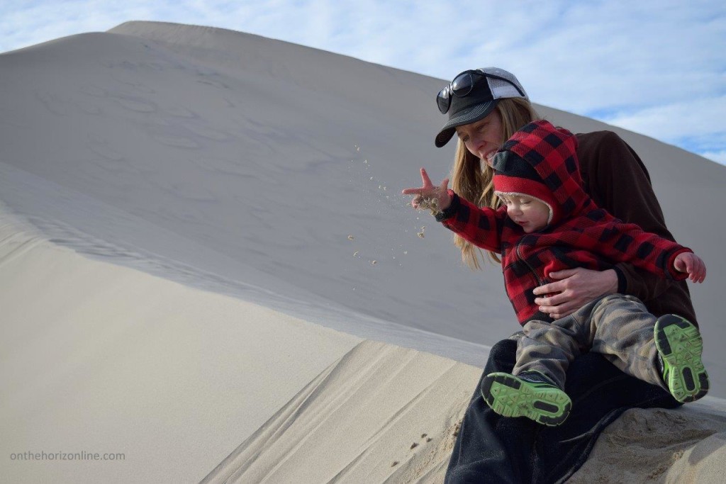 Throwing sand down the 700-foot-tall Eureka Dunes in Death Valley National Park.