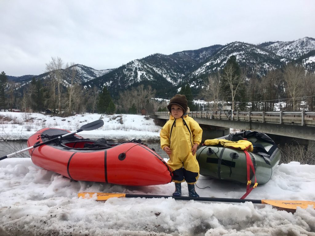 talon in snow with packrafts on clark fork river 2